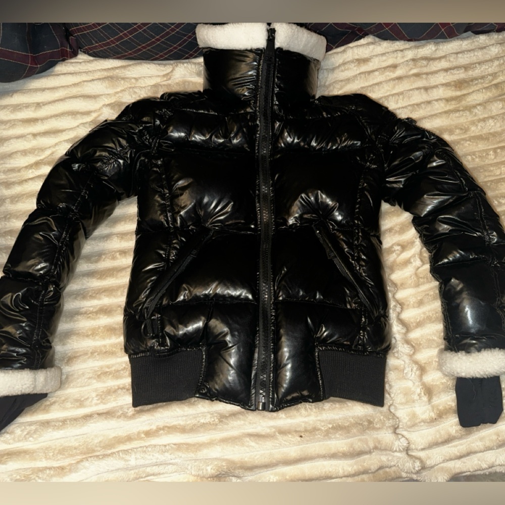 New SAM. Nikki Quilted Down Puffer Lamb Shearling Trim Glossy Black Coat Size S - Picture 3 of 16